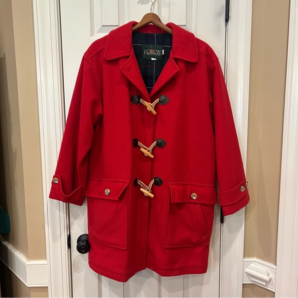 Vintage J Crew Red 100% Wool Parka Toggle Coat Jacket Navy Plaid Lining Canada - Picture 1 of 12